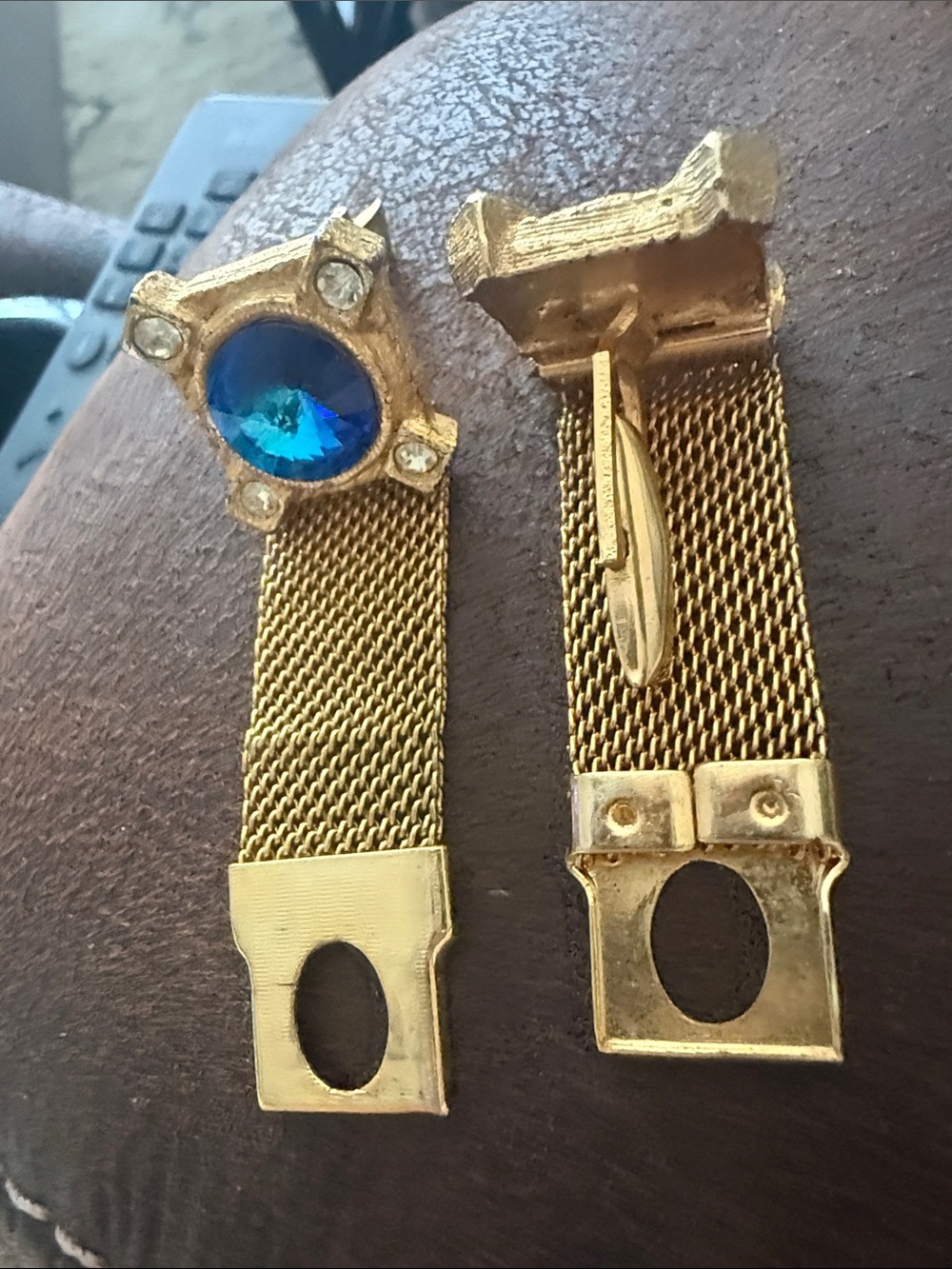 Gold-Tone Mesh Cufflinks with Blue Crystal Accent